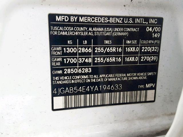 4JGAB54E4YA194633 - 2000 MERCEDES-BENZ ML 320 WHITE photo 10