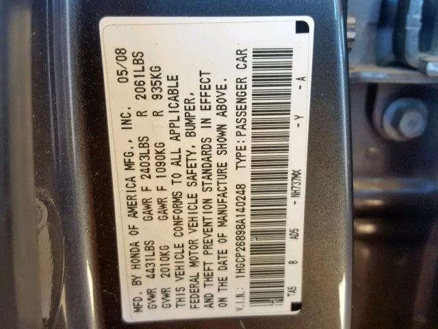 1HGCP26898A140248 - 2008 HONDA ACCORD EXL GRAY photo 10