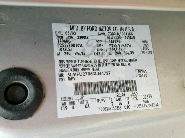 5LMFU27R63LJ44727 - 2003 LINCOLN NAVIGATOR Gümüş foto 10