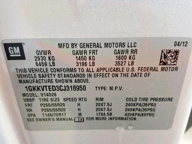 1GKKVTED3CJ318950 - 2012 GMC ACADIA DEN SILVER photo 10