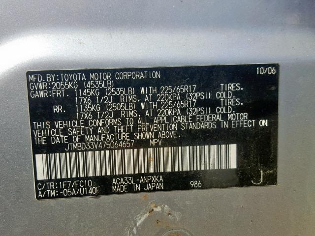 JTMBD33V475064657 - 2007 TOYOTA RAV4 SILVER photo 10