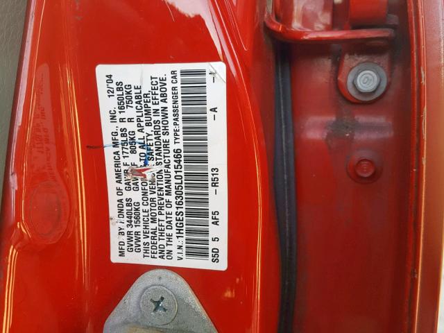 1HGES16305L015466 - 2005 HONDA CIVIC DX V RED photo 10