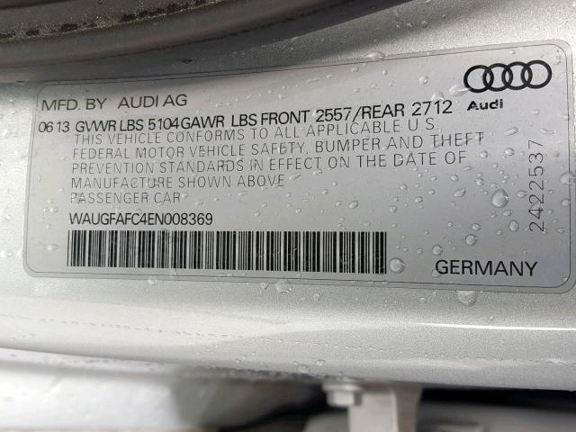 WAUGFAFC4EN008369 - 2014 AUDI A6 PREMIUM SILVER photo 10