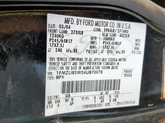 1FMZU85W54UB70078 - 2004 FORD EXPLORER L BLACK photo 10