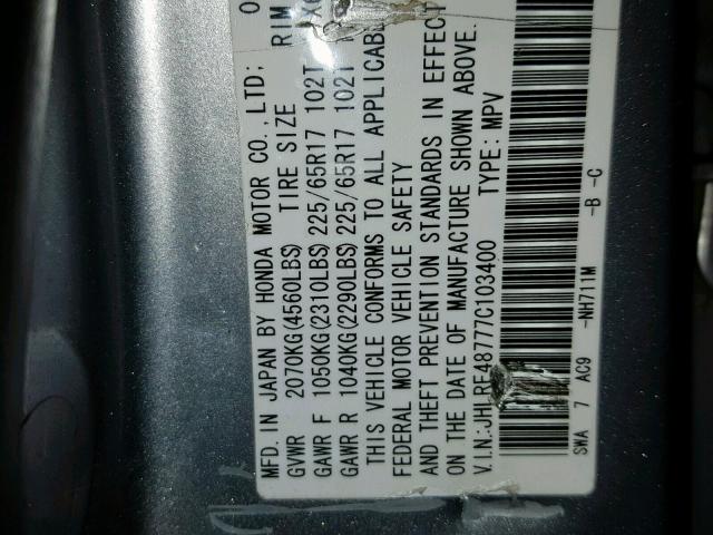 JHLRE48777C103400 - 2007 HONDA CR-V EXL SILVER photo 10