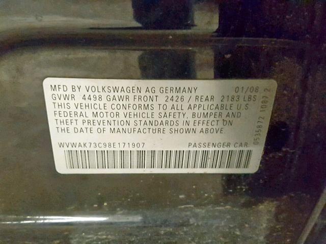 WVWAK73C98E171907 - 2008 VOLKSWAGEN PASSAT KOM BLACK photo 10