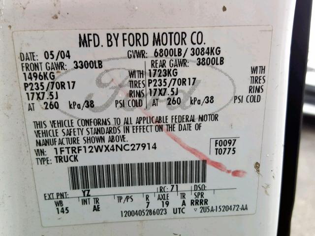 1FTRF12WX4NC27914 - 2004 FORD F150 WHITE photo 10