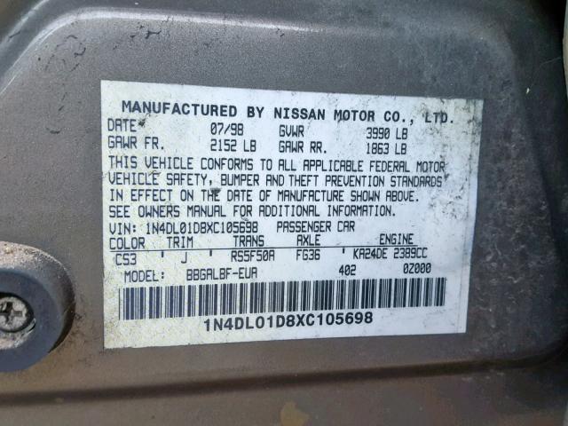 1N4DL01D8XC105698 - 1999 NISSAN ALTIMA XE GRAY photo 10