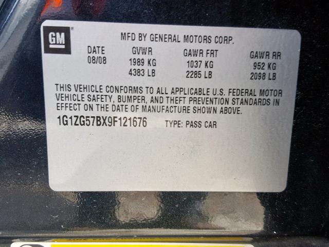 1G1ZG57BX9F121676 - 2009 CHEVROLET MALIBU LS 黑色 照片 10