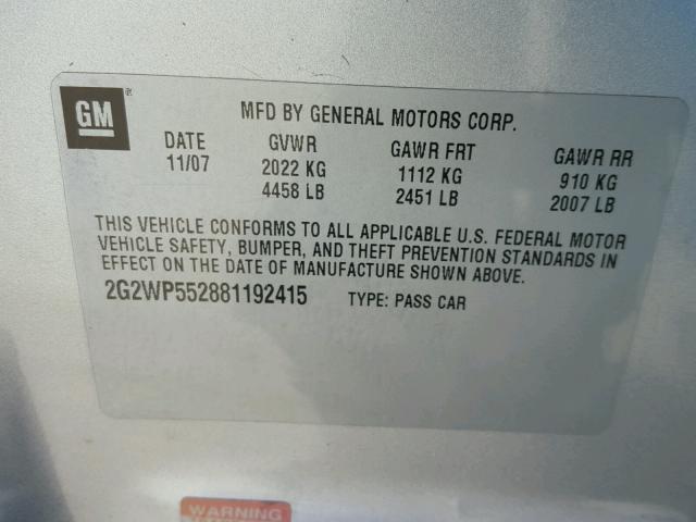 2G2WP552881192415 - 2008 PONTIAC GRAND PRIX 银色 照片 10