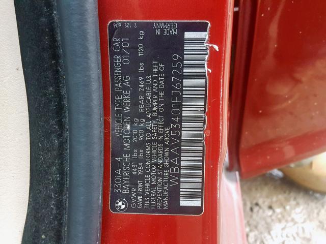 WBAAV53401FJ67259 - 2001 BMW 330 I RED photo 10