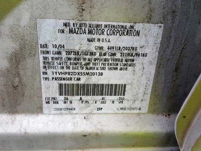 1YVHP82DX55M20138 - 2005 MAZDA 6 S GRAY photo 10