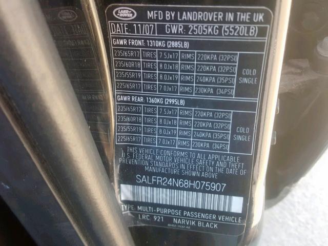 SALFR24N68H075907 - 2008 LAND ROVER LR2 HSE BLACK photo 10