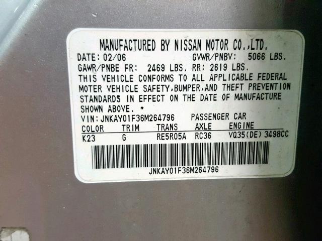 JNKAY01F36M264796 - 2006 INFINITI M35 BASE SILVER photo 10