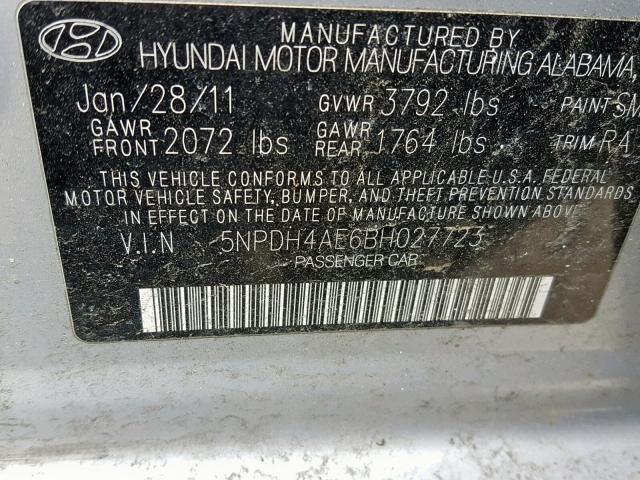 5NPDH4AE6BH027723 - 2011 HYUNDAI ELANTRA GL SILVER photo 10