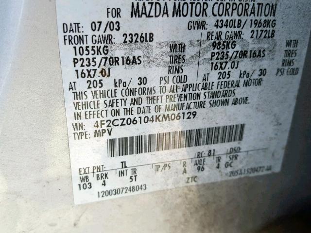 4F2CZ06104KM06129 - 2004 MAZDA TRIBUTE ES 银色 照片 10