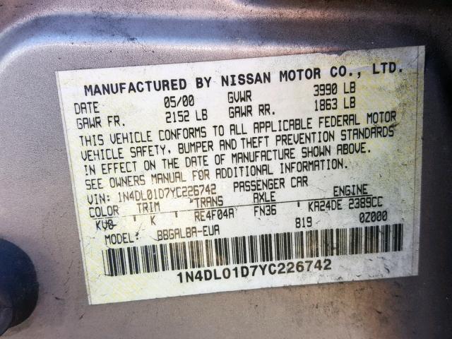 1N4DL01D7YC226742 - 2000 NISSAN ALTIMA XE GOLD photo 10