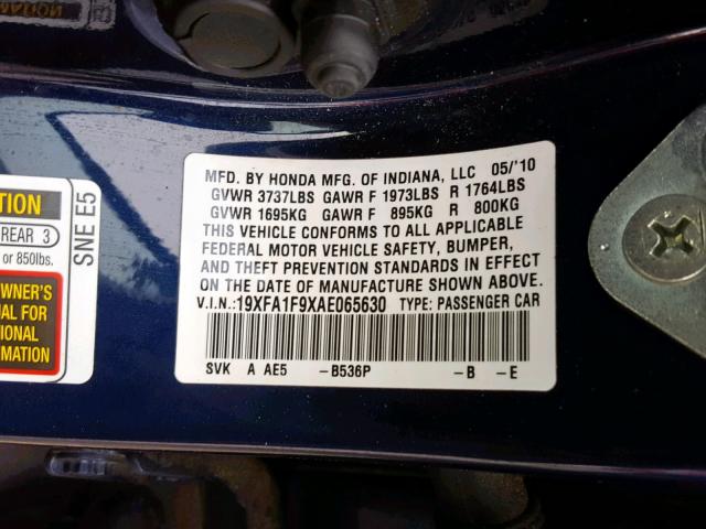 19XFA1F9XAE065630 - 2010 HONDA CIVIC EXL BLUE photo 10