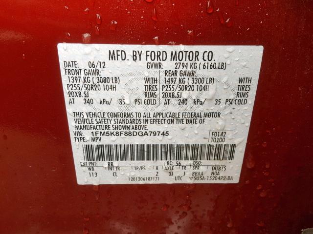 1FM5K8F88DGA79745 - 2013 FORD EXPLORER L RED photo 10