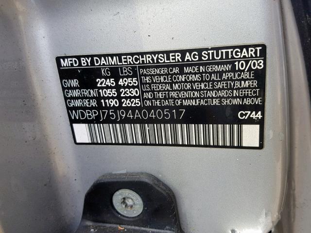 WDBPJ75J94A040517 - 2004 MERCEDES-BENZ CL 500 SILVER photo 10