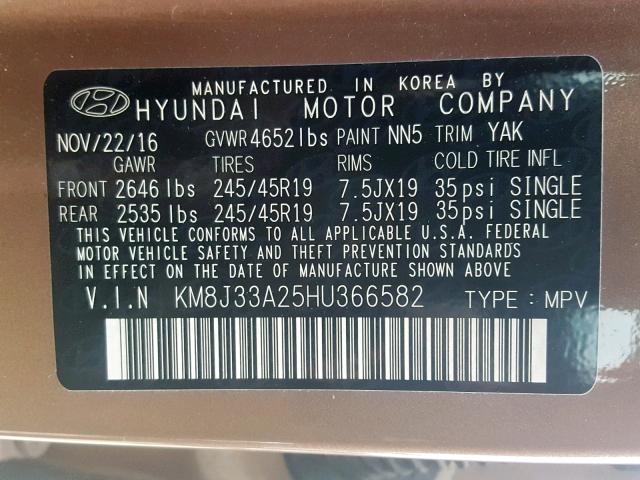 KM8J33A25HU366582 - 2017 HYUNDAI TUCSON LIM BROWN photo 10