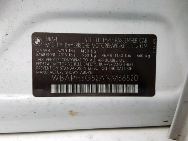 WBAPH5G52ANM36520 - 2010 BMW 328 I SULE WHITE photo 10