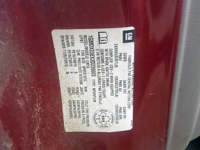 1GMDX03EX2D239003 - 2002 PONTIAC MONTANA BURGUNDY photo 10