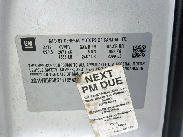 2G1WB5E38G1116543 - 2016 CHEVROLET IMPALA LIM SILVER photo 10