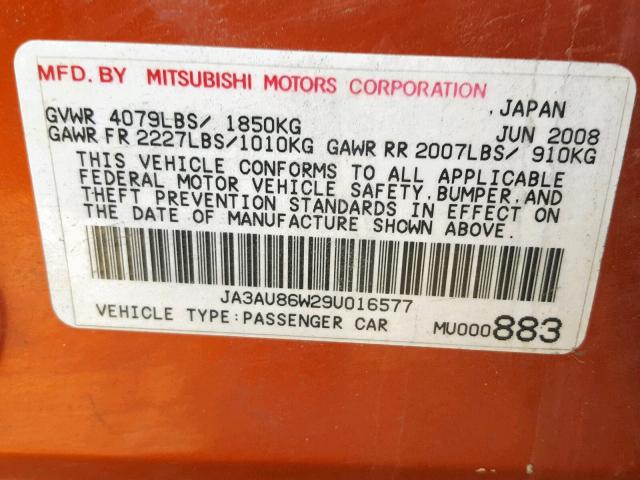 JA3AU86W29U016577 - 2009 MITSUBISHI LANCER GTS ORANGE photo 10