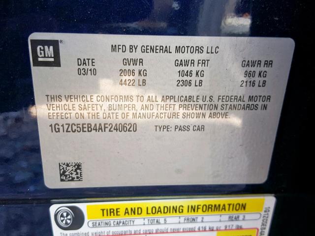 1G1ZC5EB4AF240620 - 2010 CHEVROLET MALIBU 1LT 蓝色 照片 10