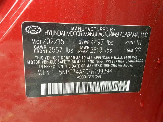 5NPE34AF0FH199294 - 2015 HYUNDAI SONATA SPO BURGUNDY photo 10