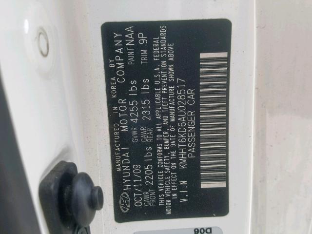 KMHHT6KD6AU028517 - 2010 HYUNDAI GENESIS CO WHITE photo 10