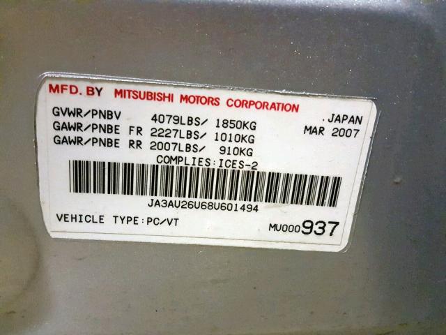 JA3AU26U68U601494 - 2008 MITSUBISHI LANCER ES SILVER photo 10