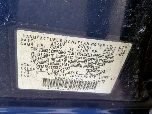 3N1AB61EX8L757727 - 2008 NISSAN SENTRA 2.0 BLUE photo 10