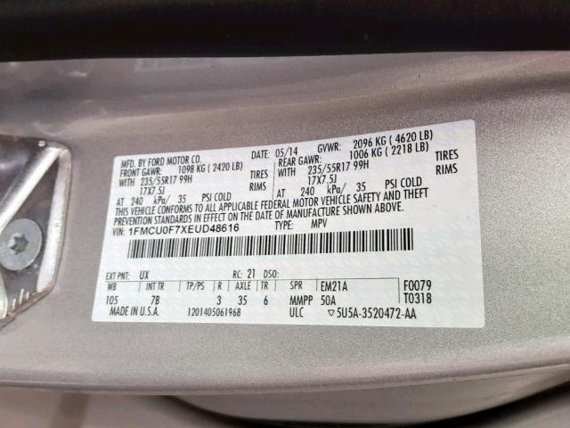 1FMCU0F7XEUD48616 - 2014 FORD ESCAPE S SILVER photo 10