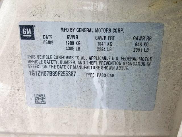 1G1ZH57B89F255387 - 2009 CHEVROLET MALIBU 1LT TAN photo 10