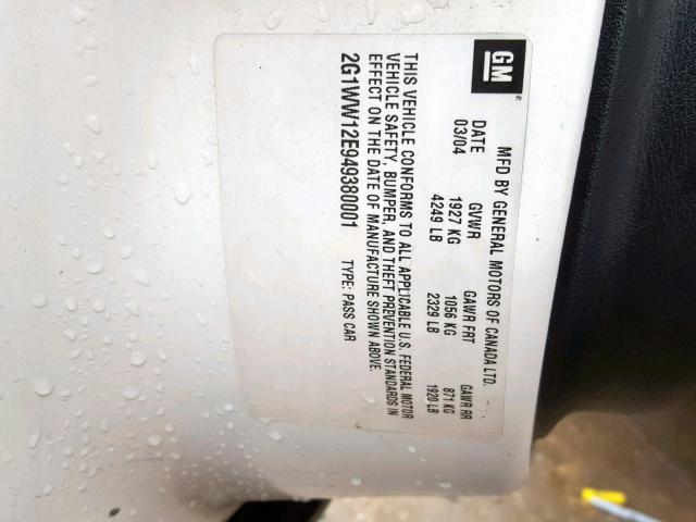 2G1WW12E949380001 - 2004 CHEVROLET MONTE CARL 白色 照片 10