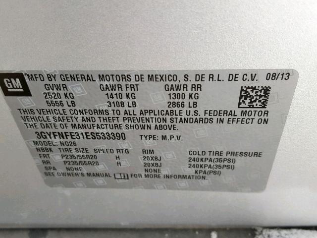 3GYFNFE31ES533390 - 2014 CADILLAC SRX PERFOR SILVER photo 10