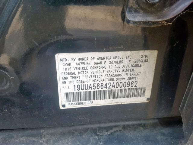 19UUA56642A000962 - 2002 ACURA 3.2TL BLACK photo 10