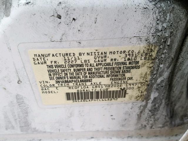 3N1AB6AP4CL668892 - 2012 NISSAN SENTRA 2.0 WHITE photo 10