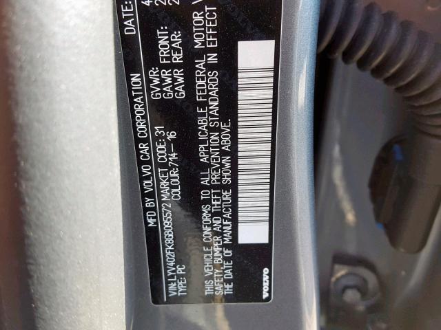 LYV402FK8GB095572 - 2016 VOLVO S60 PREMIE GRAY photo 10