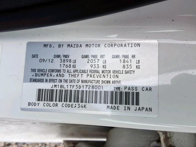 JM1BL1TF5D1728001 - 2013 MAZDA 3 I WHITE photo 10