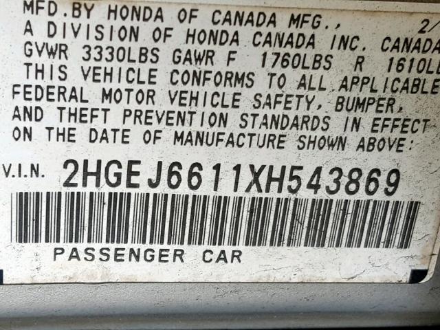 2HGEJ6611XH543869 - 1999 HONDA CIVIC BASE SILVER photo 10