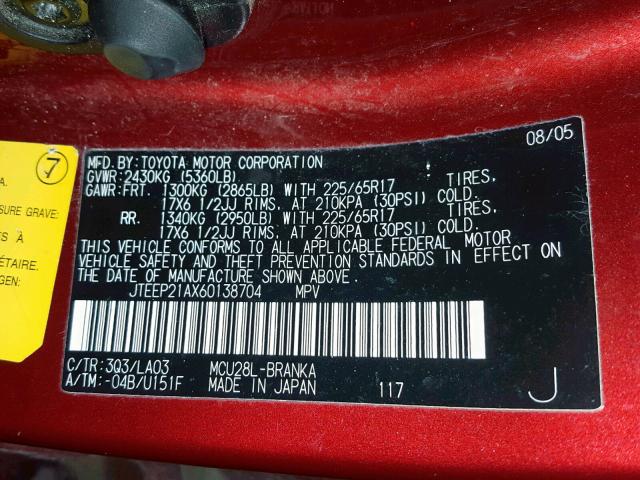 JTEEP21AX60138704 - 2006 TOYOTA HIGHLANDER RED photo 10