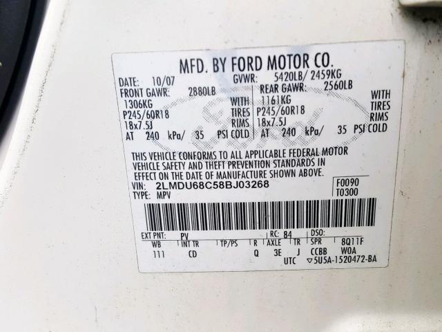 2LMDU68C58BJ03268 - 2008 LINCOLN MKX WHITE photo 10