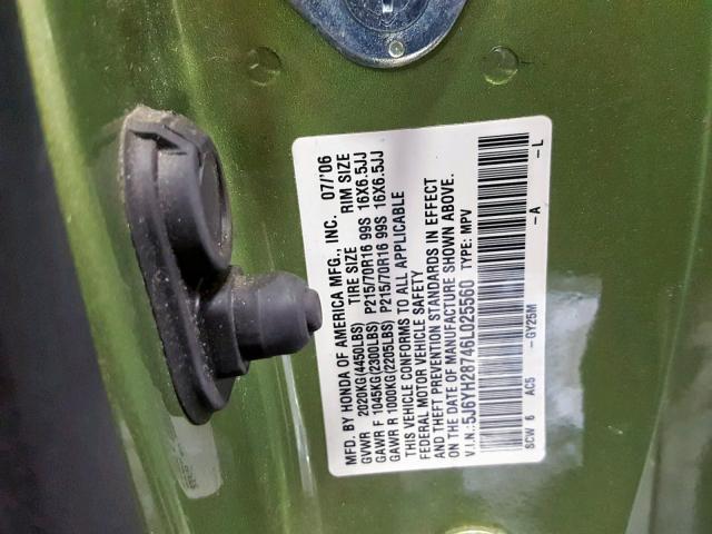 5J6YH28746L025560 - 2006 HONDA ELEMENT EX GREEN photo 10