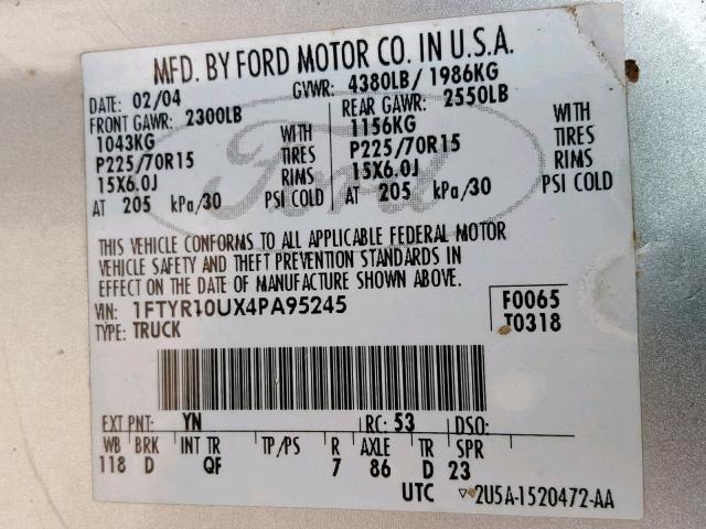 1FTYR10UX4PA95245 - 2004 FORD RANGER SILVER photo 10