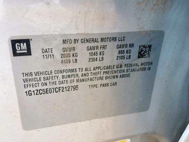 1G1ZC5E07CF212795 - 2012 CHEVROLET MALIBU 1LT SILVER photo 10