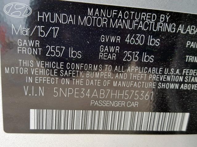 5NPE34AB7HH575361 - 2017 HYUNDAI SONATA SPO SILVER photo 10