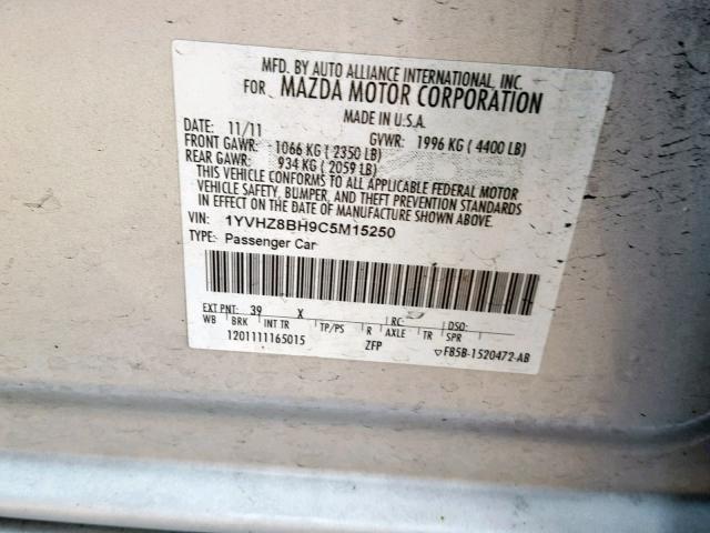 1YVHZ8BH9C5M15250 - 2012 MAZDA 6 I SILVER photo 10